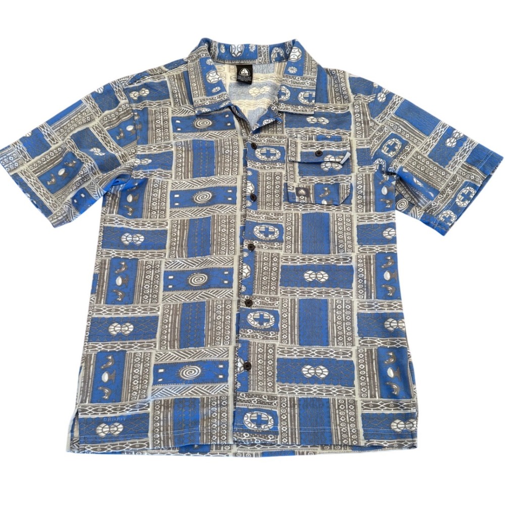 Nike ACG Dri-FIT Shirt Mens Medium Blue Tribal Geometric Print Rare Button Up
